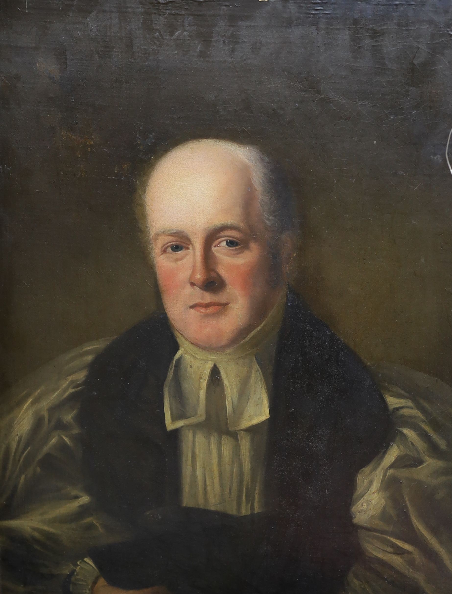 19th century English School, oil on canvas laid on board, Portrait of a clergyman, 76 x 54cm